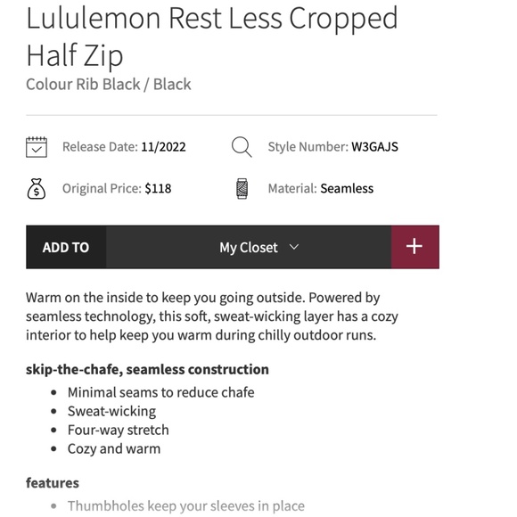 lululemon rest less cropped half zip black size 4/6 comfy casual - Picture 6 of 7